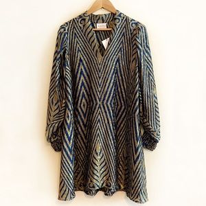 Anthropologie Blue and Gold Long Sleeve Dress